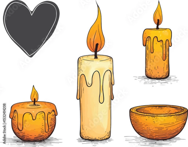 Fototapeta Candles Vector Illustration with Heart, Isolated on White Background.