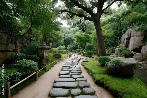Obraz Serene stone pathway meandering through lush greenery in a tranquil Japanese garden during daylight