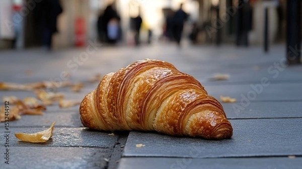 Fototapeta A fresh croissant lies on a stone pavement, with scattered dried leaves and blurred pedestrians in the background.