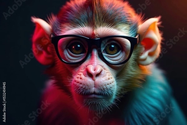 Obraz Vibrant monkey portrait, spectacles, colorful fur, jungle, illustration