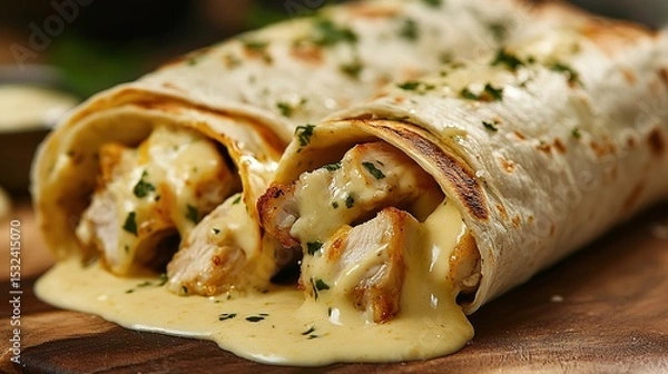 Fototapeta Two creamy chicken-filled wraps garnished with herbs, served on a wooden board.