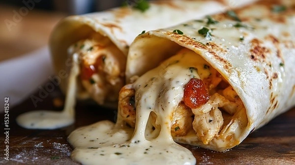 Fototapeta Two creamy chicken wraps with melted cheese and herbs, served on a wooden board.