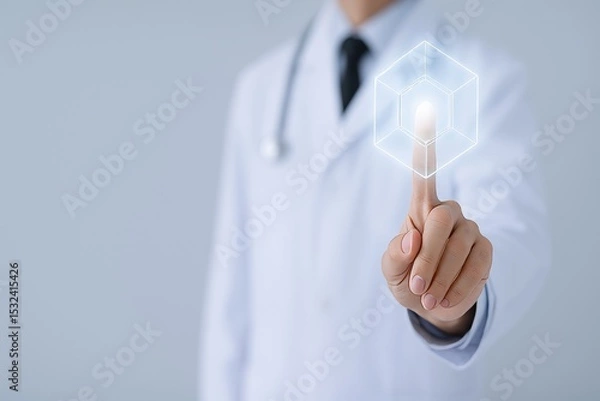 Obraz A conceptual image of a doctor wearing a white coat and tie, with a stethoscope around their neck, interacting with a glowing digital cube hologram. The doctor's finger is extended, appearing to touch