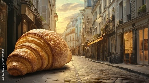 Fototapeta A giant croissant lies on a cobblestone street in a charming European city during sunset, blending food imagery with urban architecture.