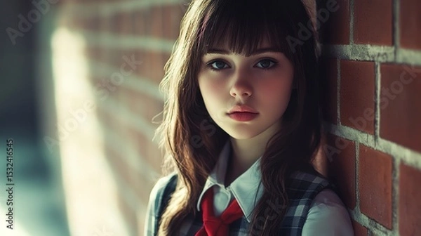 Fototapeta A young girl in a school uniform leans against a brick wall, looking directly at the camera with a calm yet thoughtful expression.