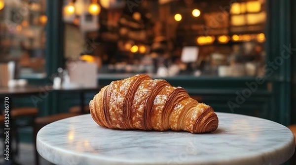 Fototapeta A freshly baked croissant rests on a marble table in a cozy, warmly lit cafe setting with blurred background lights.