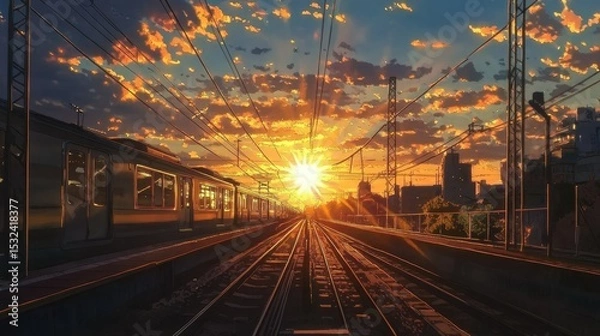 Obraz Beautiful Sunset Behind Train Tracks with Electric Poles and Clouds in a Cityscape at Dusk, Capturing Vibrant Colors and Tranquil Atmosphere