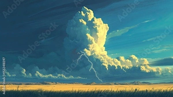 Obraz Dramatic Lightning Strike Illuminates Majestic Cloud Formation Over Tranquil Prairie Landscape Under Expansive Blue Sky at Dusk