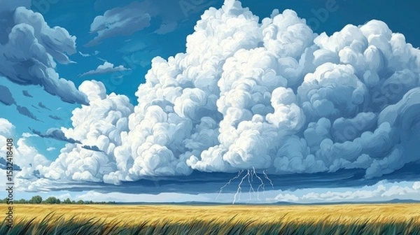 Obraz Dramatic Skies Over Golden Fields with Thunderstorm Clouds and Lightning Strikes in a Vibrant Landscape Under Bright Blue Sky