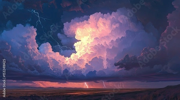 Obraz Dramatic Sky with Thunderclouds, Lightning Strikes, and Vibrant Colors at Sunset Over a Serene Landscape