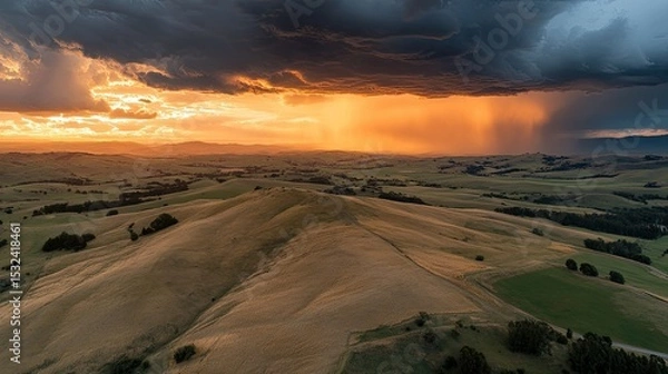 Obraz Dramatic Sunset Over Rolling Hills with Dark Clouds and Rainshowers, Capturing Nature's Beauty and Landscape Serenity in a Picturesque Setting