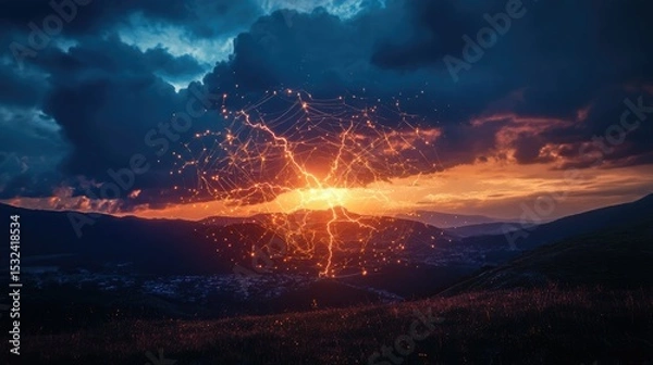 Obraz Dramatic Sunset Over Mountains with Lightning Bolt and Electric Network Visual Effects in the Sky, Capturing Nature's Power and Beauty
