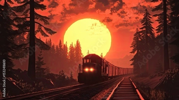 Obraz Majestic sunset behind a train traveling through a dense forest, glowing orange sky and silhouette of trees create a stunning landscape at dusk