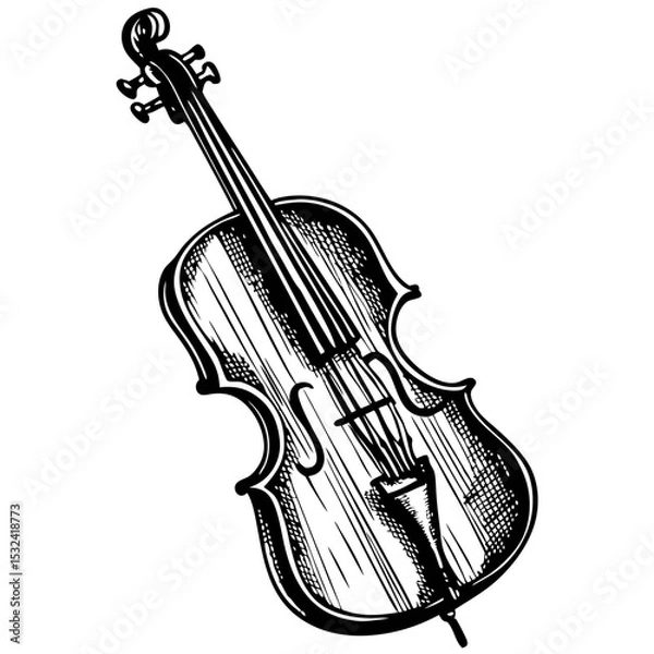 Fototapeta Classic cello instrument sketch. Detailed cello drawing with strings and sound hole. Vintage cello illustration perfect for music posters and vintage engraving.