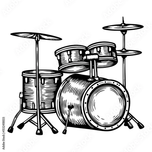 Fototapeta Detailed drum set drawing with bass drum, snare drum, and cymbals.  This vintage drum kit illustration features realistic details and classic design elements.