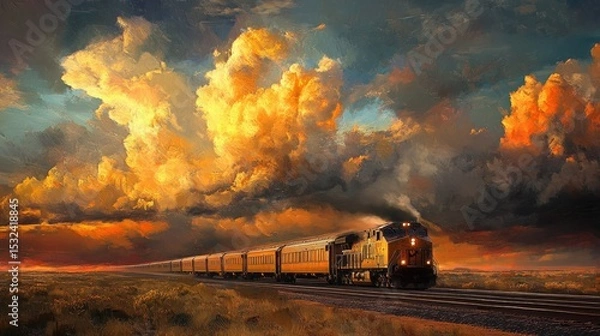 Obraz Dramatic Sunset Over Freight Train on Open Tracks with Vibrant Clouds and Rich Sky Colors