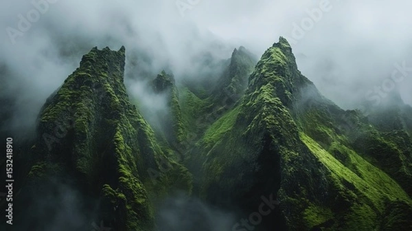 Fototapeta Mist envelops sharp, moss-covered mountain peaks, creating a mysterious and dramatic natural landscape.