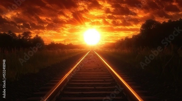 Obraz Scenic Sunset Over Railway Tracks with Golden Sun Rays and Dramatic Clouds in an Idyllic Outdoor Setting