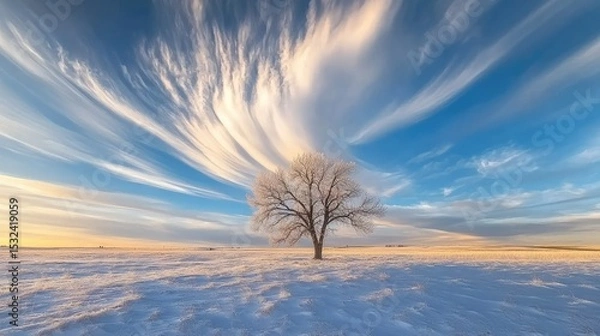 Obraz Majestic winter landscape with lone tree under dramatic sky and swirling clouds at sunset over a serene snow-covered field in a tranquil rural setting