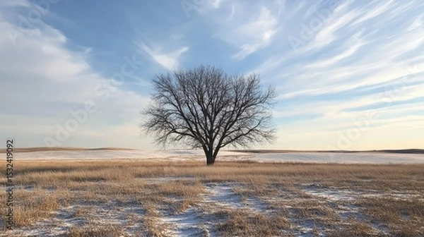 Obraz Lone Tree Standing in Open Field Under a Blue Sky with Wispy Clouds and Light Snow Covering the Ground During Winter Season