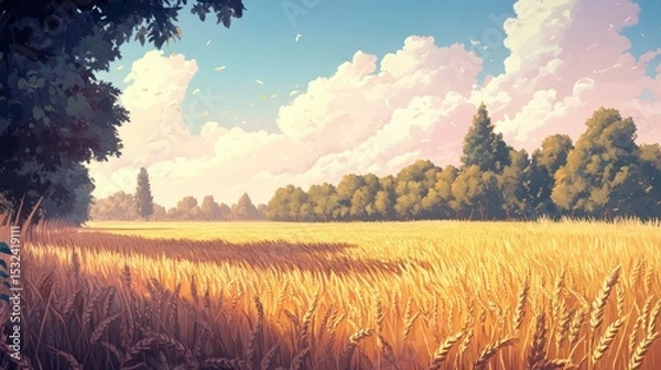 Obraz Serene Wheat Field Under Blue Sky with Fluffy Clouds and Lush Green Trees in Golden Evening Light Perfect for Nature and Rural Themed Art