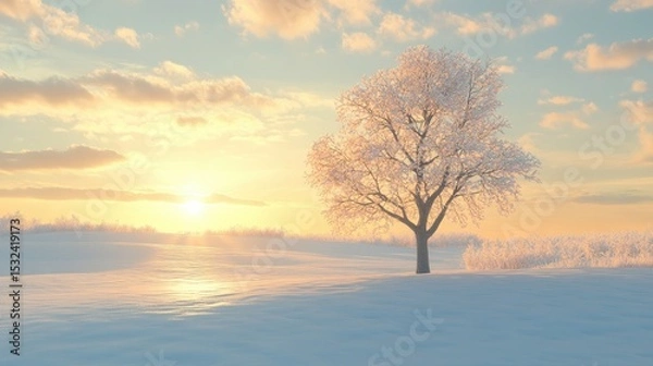 Obraz Serene Winter Landscape with Frosted Tree Against Soft Sunrise Sky and Gentle Snow Blanketing the Ground, Creating a Peaceful Atmosphere