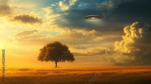 Obraz Mysterious UFO Over Golden Field and Lone Tree Under Dramatic Sunset Sky with Clouds, Exploring Themes of Adventure, Wonder, and the Unknown