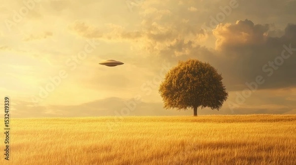 Obraz Sci-fi landscape with tree under mysterious flying object in golden field, ethereal clouds and warm sunlight creating a serene yet intriguing atmosphere