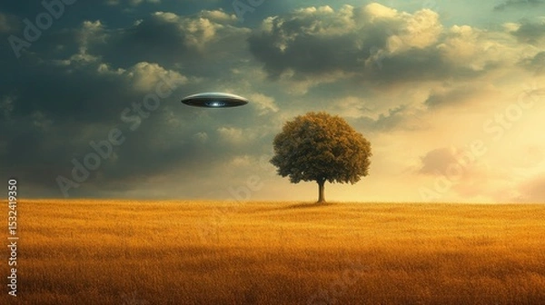 Obraz Surreal Landscape with a Lone Tree and a Mysterious UFO Hovering in the Sky Over a Golden Field of Wheat at Sunset