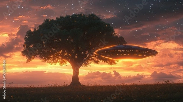 Obraz Sunset Scene with Tree and UFO Surrounded by Stars and Cosmic Colors in a Beautiful Sky