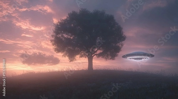 Obraz Futuristic Scene of a Flying Saucer Above a Majestic Tree at Sunset with Vibrant Colors and Mystical Atmosphere in a Dreamlike Landscape