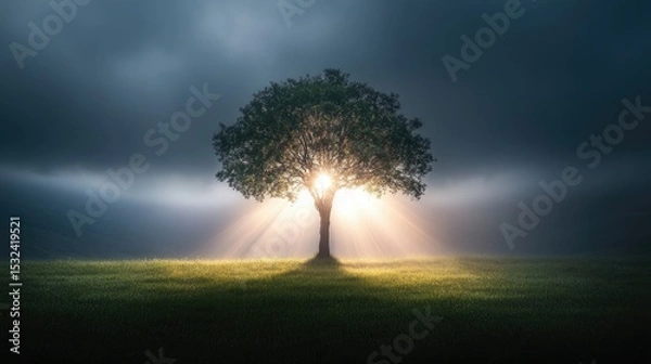 Obraz Beautiful lone tree under dramatic cloudy sky with soft light rays and mist creating an enchanting and serene atmosphere in nature scene