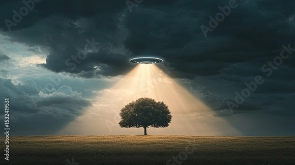 Obraz Mysterious UFO Above Isolated Tree in Dramatic Sky with Dark Clouds and Rays of Light Illuminating Landscape During Twilight Hour