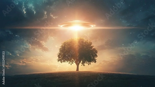 Obraz Mysterious Alien Light Above Solitary Tree at Dusk with Dramatic Clouds and Vibrant Atmospheric Effects