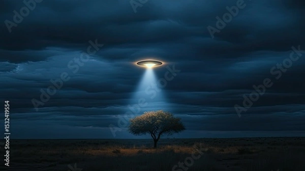 Obraz Mysterious UFO Over Isolated Tree in Dark Sky with Dramatic Clouds and Illuminating Beam of Light Shining Down on the Landscape at Night