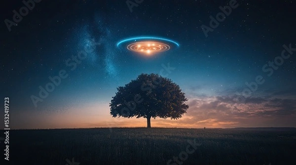 Obraz Enigmatic Tree Under Alien Spaceship with Stars and Galaxy in Night Sky, Surreal Landscape Imagery of Nature and Extraterrestrial Themes
