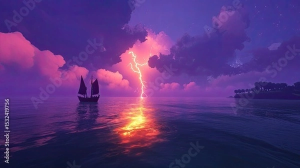 Obraz Majestic Stormy Sea Scene with Dramatic Lightning Bolt, Sailing Ship, Colorful Sky and Reflective Water at Dusk