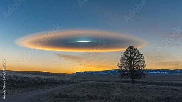 Obraz Majestic Lenticular Clouds Over Serene Landscape at Sunset with Isolated Tree and Vibrant Sky Colors