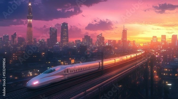 Obraz Sunset View of a High-Speed Train Cruising Through a Vibrant Cityscape with Colorful Skies and Modern Architecture in the Background