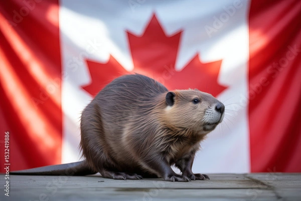 Fototapeta  a charming beaver, Canada's national animal, poised in front of a subtly blurred Canadian flag, symbolizing national wildlife and pride