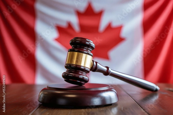 Fototapeta a polished wooden gavel resting on a stand, with the Canadian flag as a blurred backdrop, symbolizing justice and law