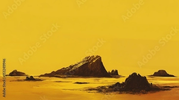 Fototapeta A rocky island formation emerges from calm, golden waters under a clear yellow sky, evoking a serene and surreal landscape.