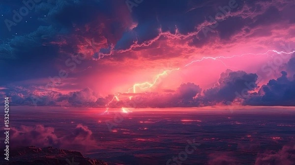 Obraz Dramatic Sunset Over Serene Ocean with Colorful Clouds and Striking Lightning Illuminating the Sky and Reflecting on Water Surface