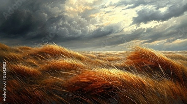 Obraz Dramatic Landscape of Golden Grass under a Stormy Sky with Dynamic Cloud Formation and Warm Lighting at Sunset, Captivating Natural Scene