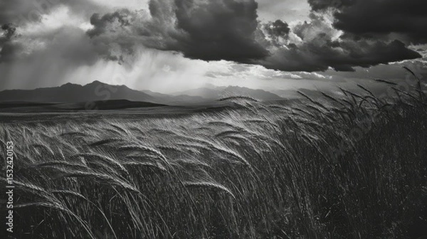 Obraz Dramatic Landscape of Black and White Wheat Field Under Stormy Clouds with Mountains in the Background Capturing Nature's Intense Beauty and Texture