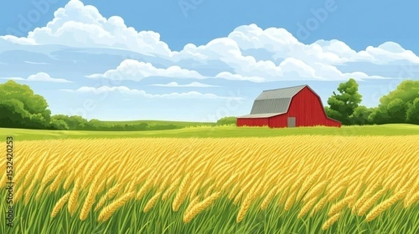 Obraz Serene countryside landscape featuring golden wheat fields under a blue sky with fluffy clouds and a charming red barn in the distance