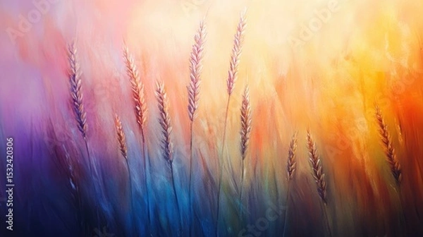 Obraz Colorful Abstract Landscape with Gentle Waves of Wheat and Vibrant Background in Soft Pastels of Purple, Pink, and Orange Contrast in Artistic Style