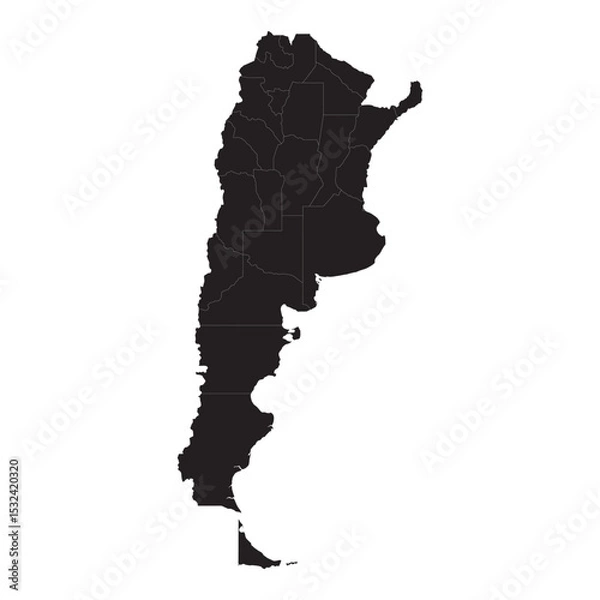 Fototapeta Silhouette map of Argentina showcasing its regional boundaries in a minimalist black design for educational or geographical use