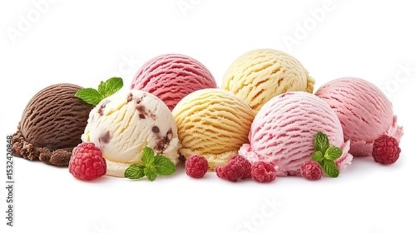 Fototapeta Six scoops of assorted ice cream flavors with raspberries and mint leaves on a white background.