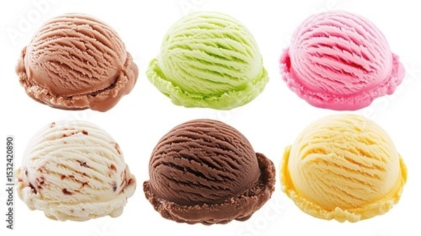 Fototapeta Six colorful scoops of ice cream in different flavors are displayed on a white background.